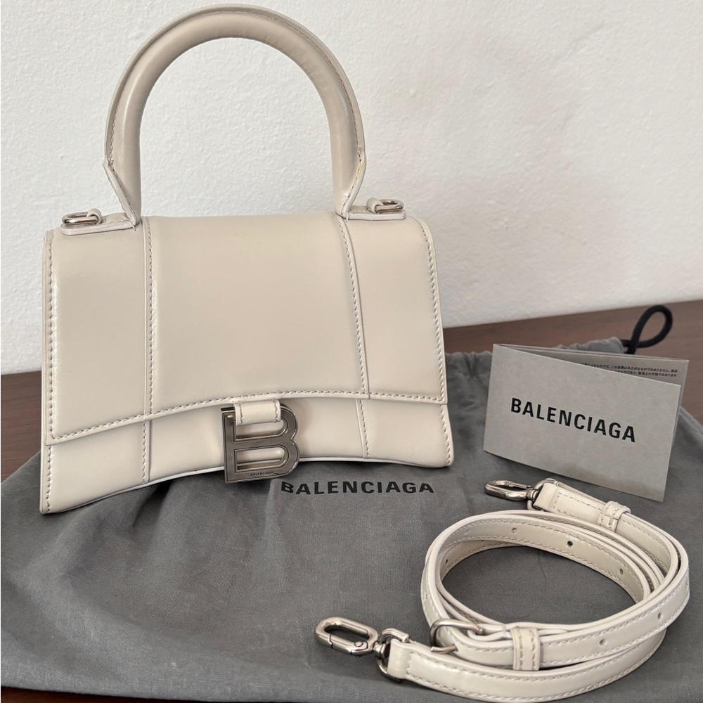 Balenciaga Cream Hourglass XS Top Handle Handbag with Structured Design